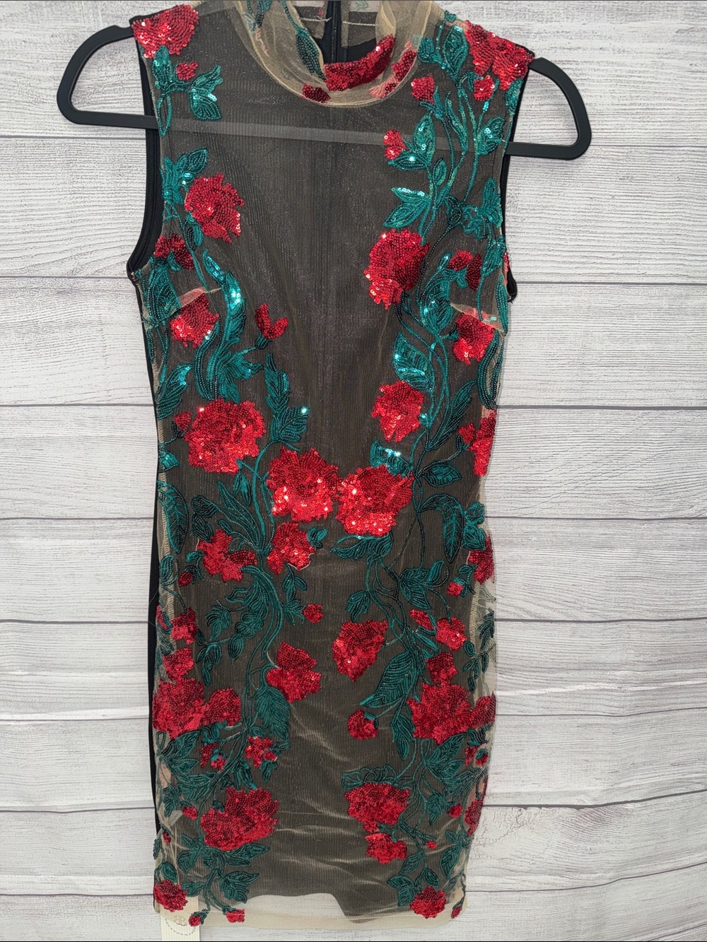 Sleeveless Red Floral Appliqué Midi Dress with Green Embroidery
